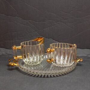 Antique Mid-Century Mod JEANNETTE Glass Creamer Sugar Tray Set Gold Trim